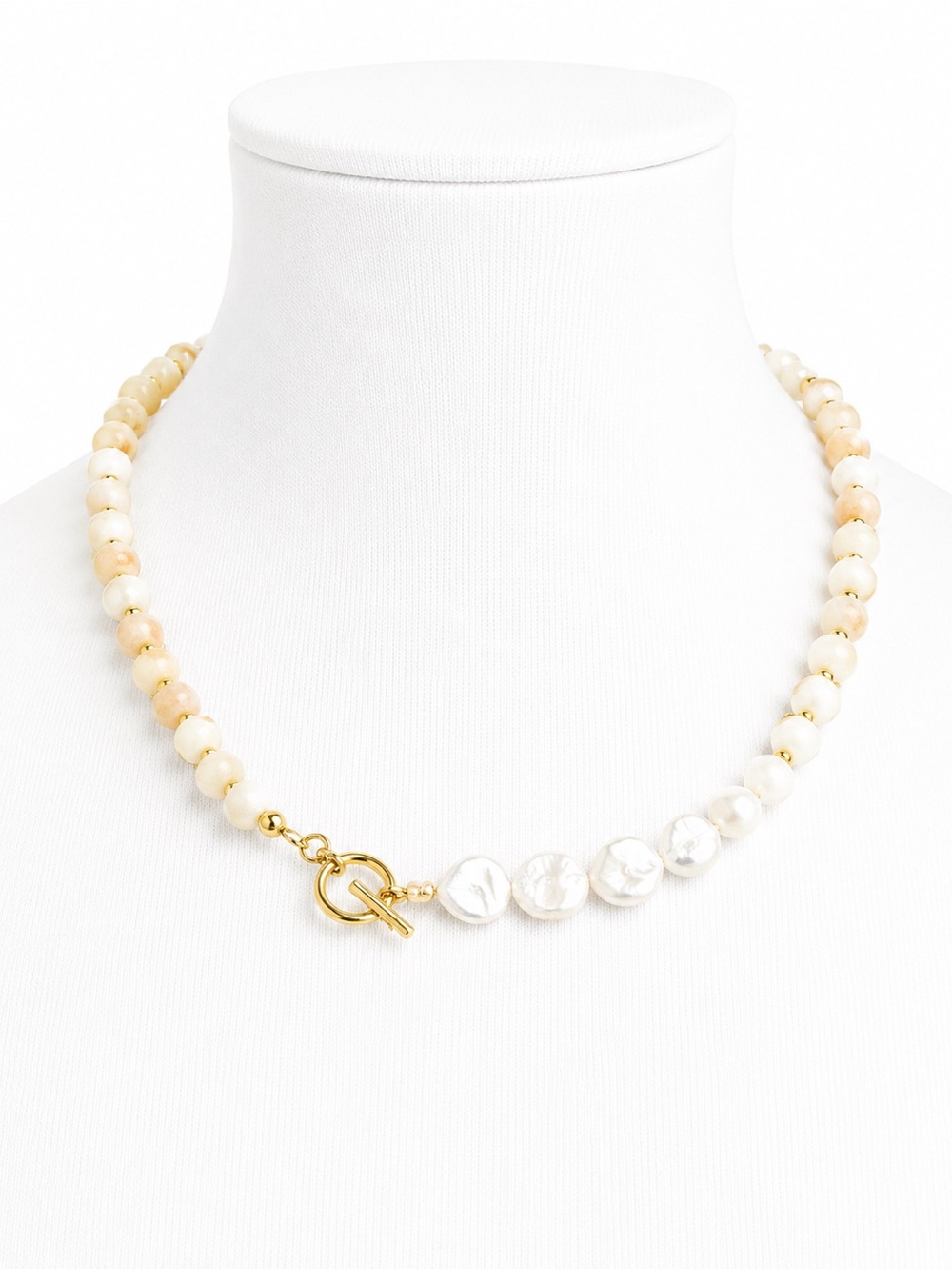 Gold Cream Glass and Semiprecious Stones Beaded Necklace Handmade